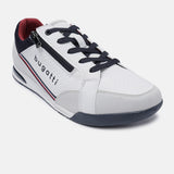 A white Men's bugatti Sneakers featuring a round plain toe, zero heels heel. Made from synthetic with a durable tpr outsole, this zipper design offers both style and comfort.