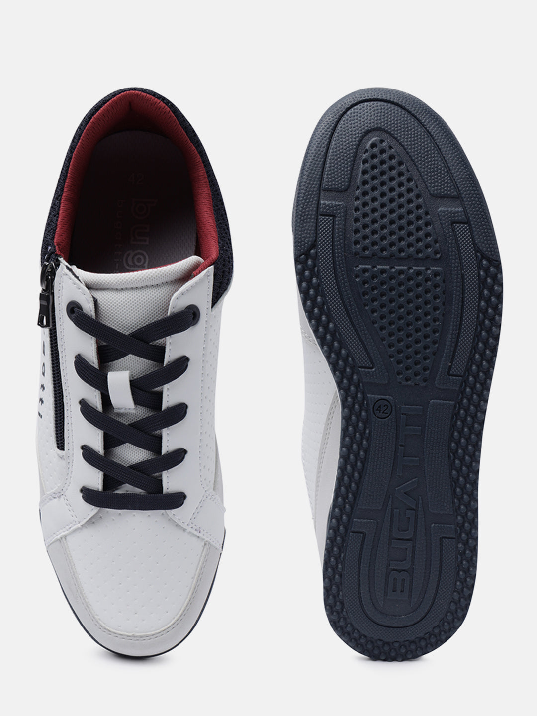 A white Men's bugatti Sneakers featuring a round plain toe, zero heels heel. Made from synthetic with a durable tpr outsole, this zipper design offers both style and comfort.