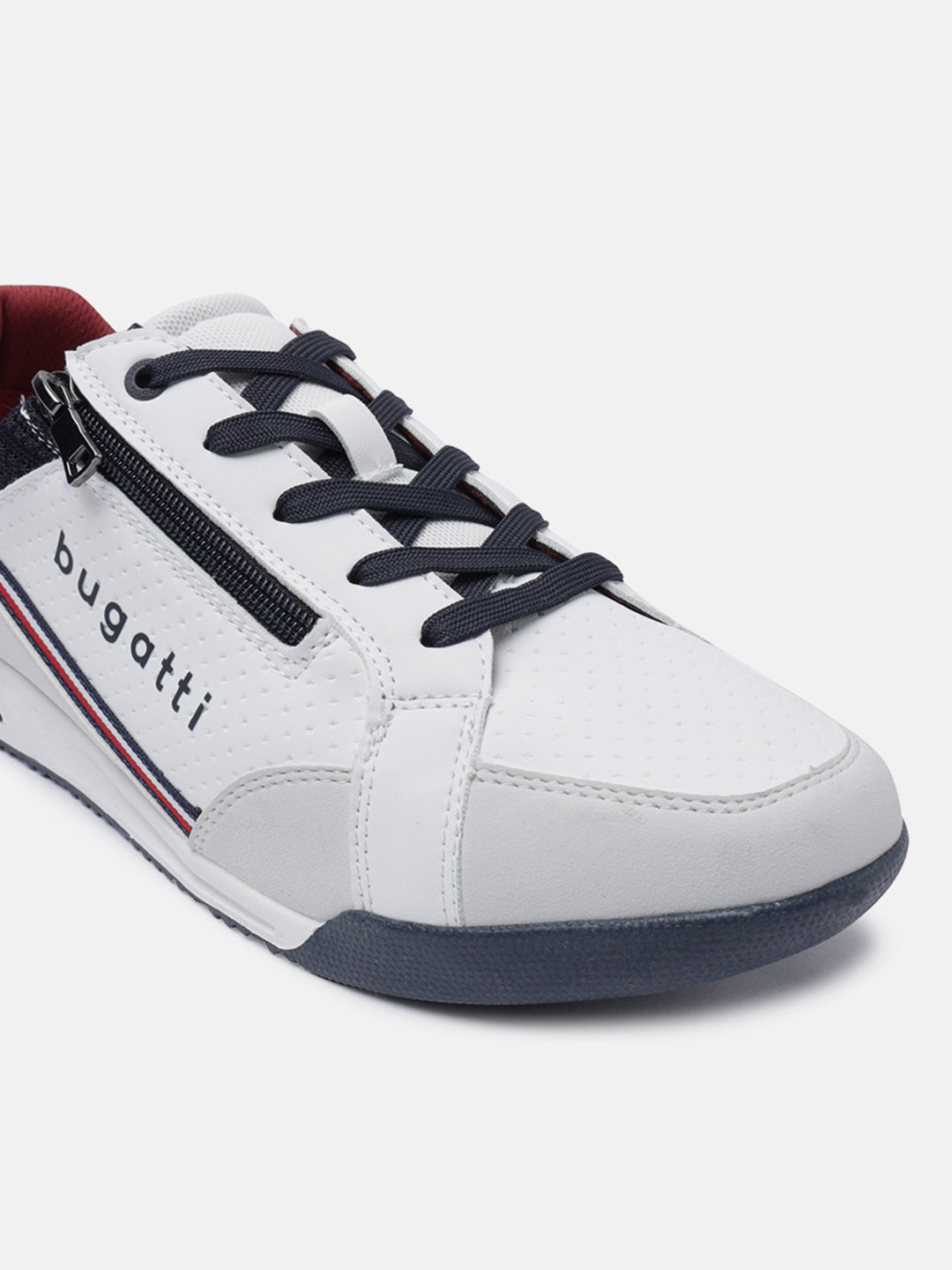 A white Men's bugatti Sneakers featuring a round plain toe, zero heels heel. Made from synthetic with a durable tpr outsole, this zipper design offers both style and comfort.
