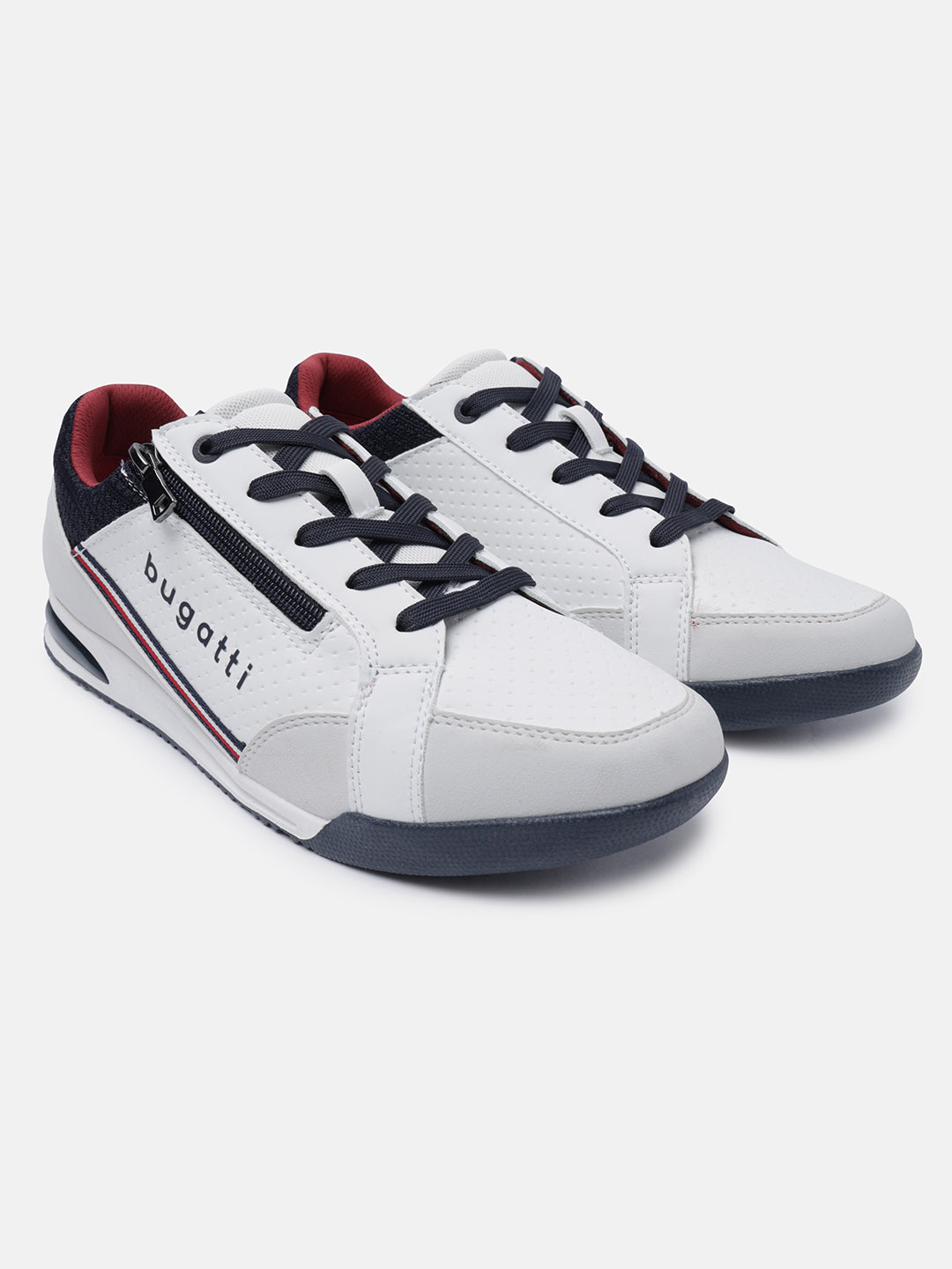 A white Men's bugatti Sneakers featuring a round plain toe, zero heels heel. Made from synthetic with a durable tpr outsole, this zipper design offers both style and comfort.
