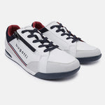 A white Men's bugatti Sneakers featuring a round plain toe, zero heels heel. Made from synthetic with a durable tpr outsole, this zipper design offers both style and comfort.