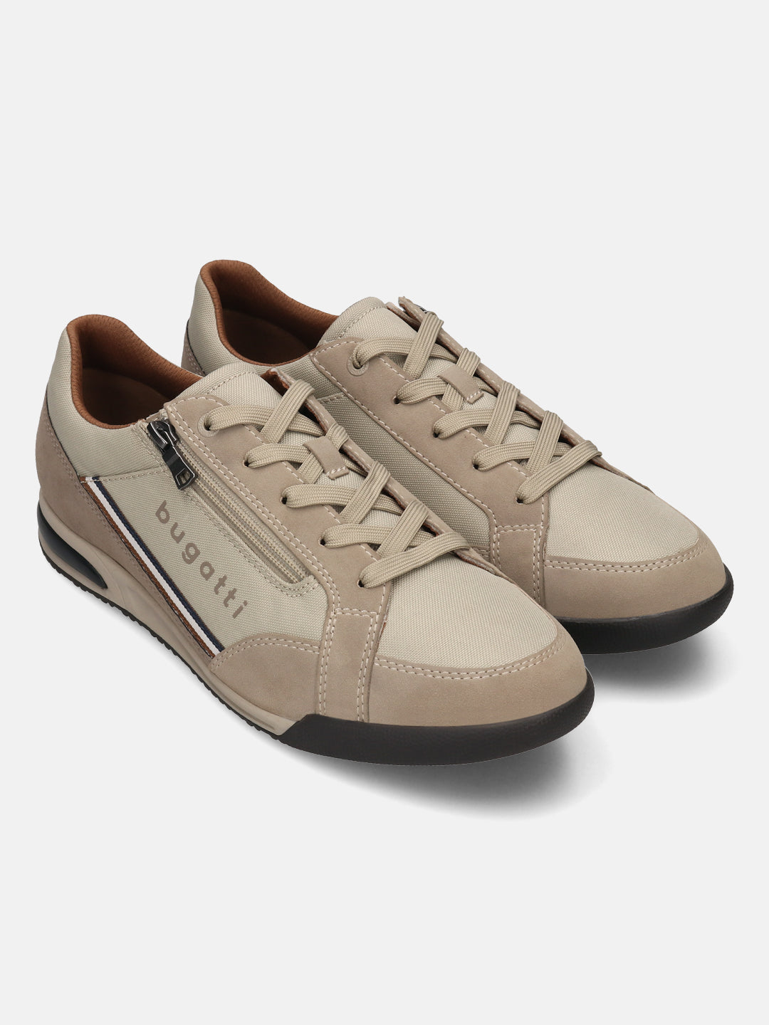 Beige bugatti Trevor Comfort Sneakers with laces and a side zipper, showcasing a blend of suede and canvas textures.
