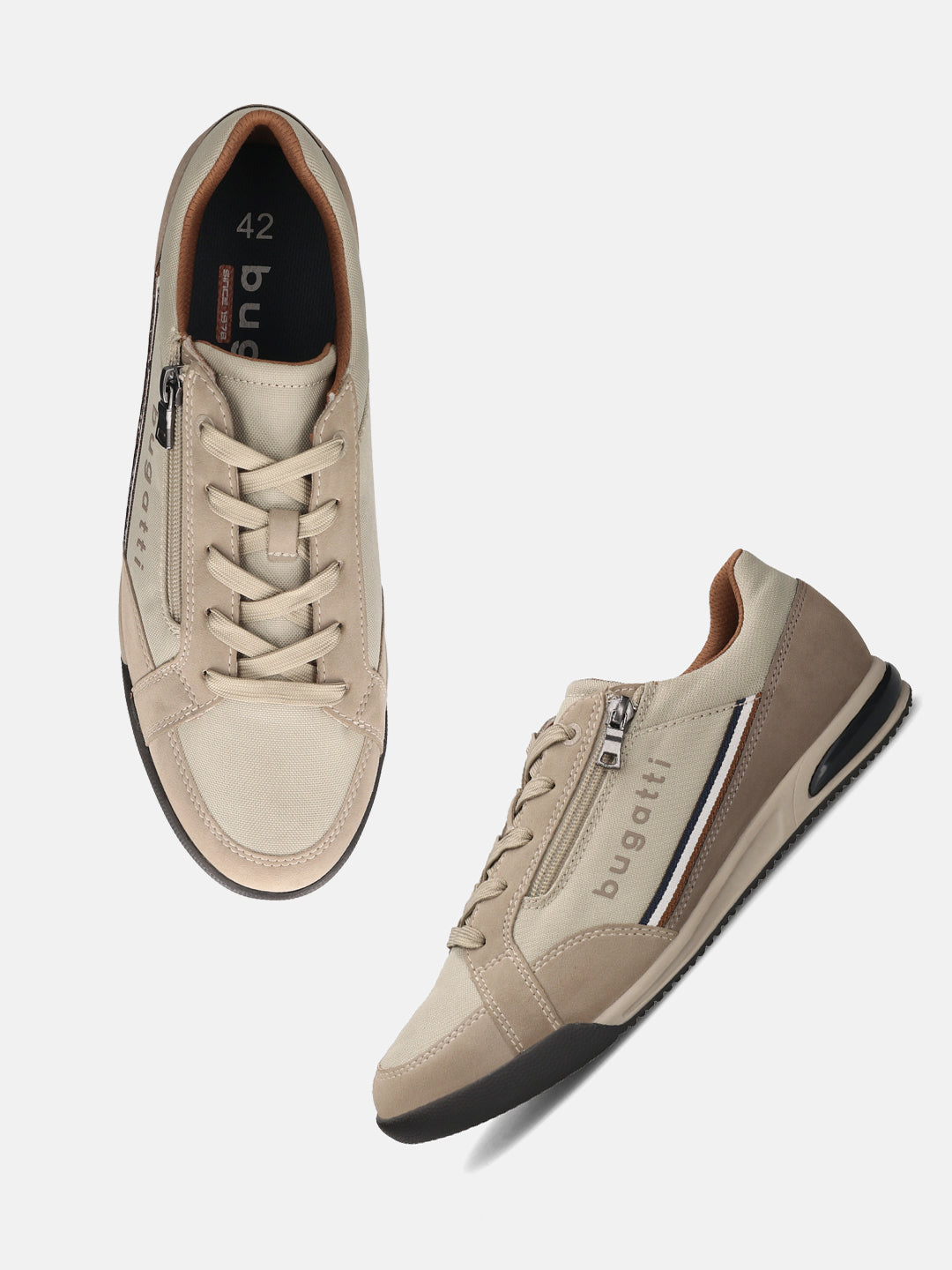 bugatti Trevor beige Comfort Sneakers, featuring a side zipper, brown trim, and laced closure.