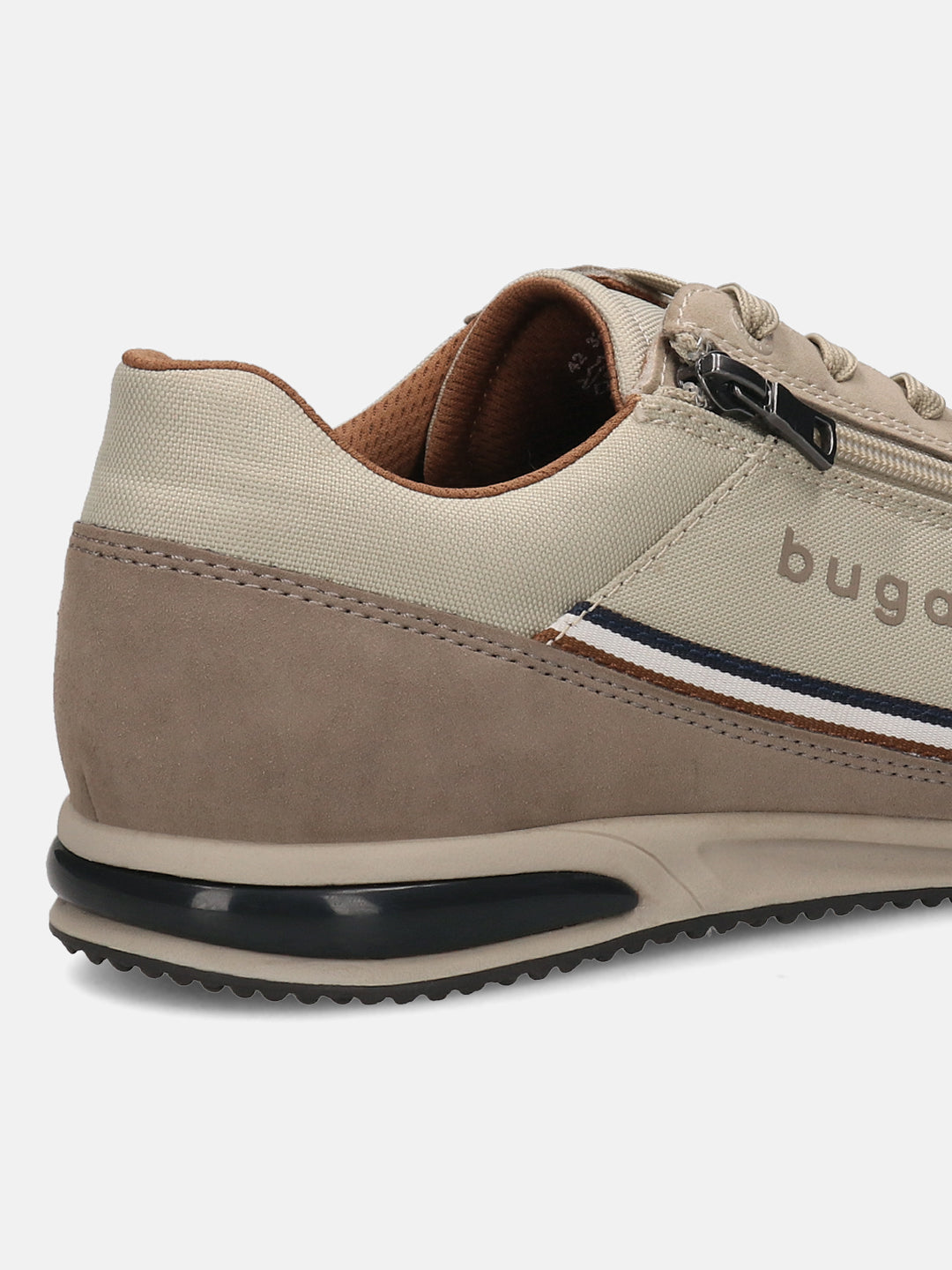 Cropped back view of a beige bugatti Trevor comfort sneaker featuring a side zipper and striped accent.
