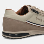 Cropped back view of a beige bugatti Trevor comfort sneaker featuring a side zipper and striped accent.
