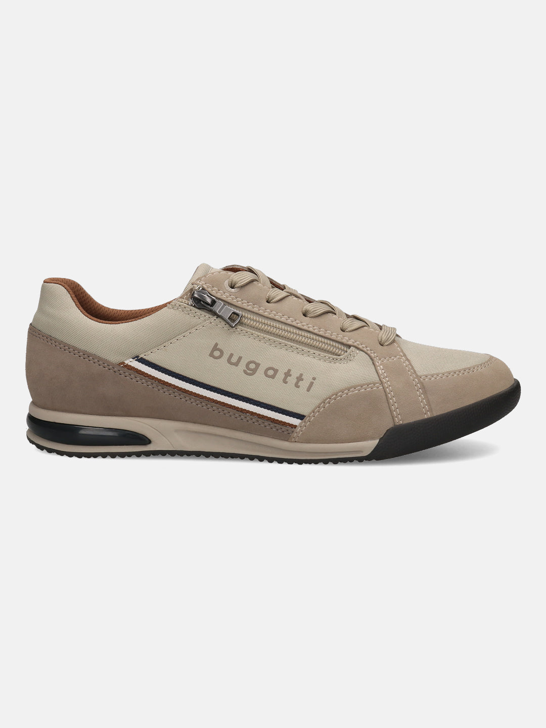 Side view of a bugatti Trevor beige comfort sneaker featuring a zipper detail and striped accent.