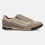 Side view of a bugatti Trevor beige comfort sneaker featuring a zipper detail and striped accent.