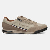 Side view of a bugatti Trevor beige comfort sneaker featuring a zipper detail and striped accent.