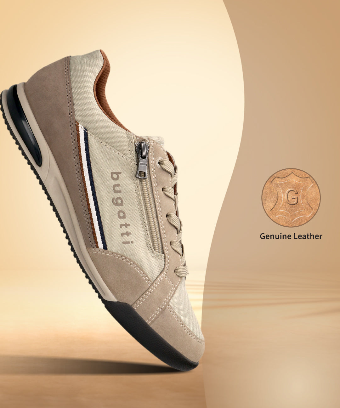Beige bugatti Trevor comfort sneaker with a side zipper, stripes, and a dark sole.
