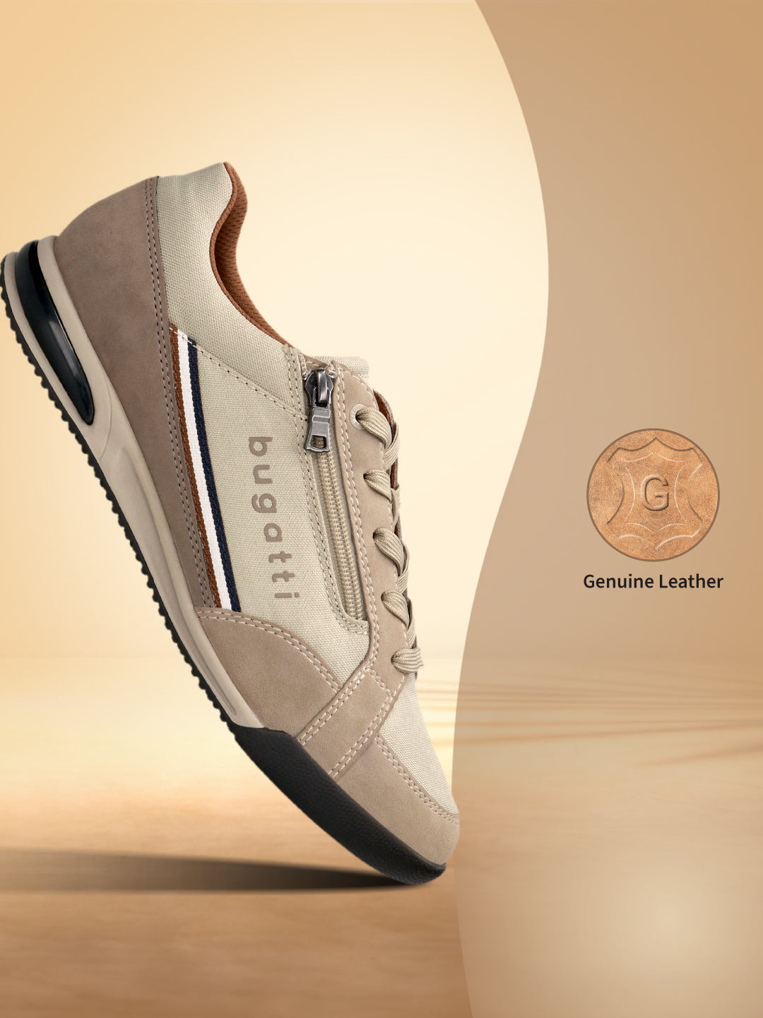 Beige bugatti Trevor comfort sneaker with a side zipper, stripes, and a dark sole.
