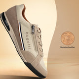 Beige bugatti Trevor comfort sneaker with a side zipper, stripes, and a dark sole.

