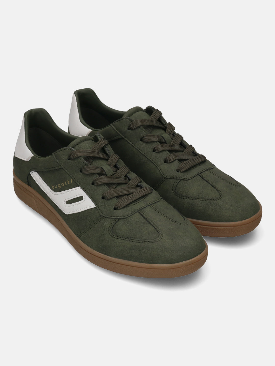 bugatti Carmelo sneakers in dark green suede, featuring a white side detail and brown sole.
