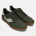 bugatti Carmelo sneakers in dark green suede, featuring a white side detail and brown sole.
