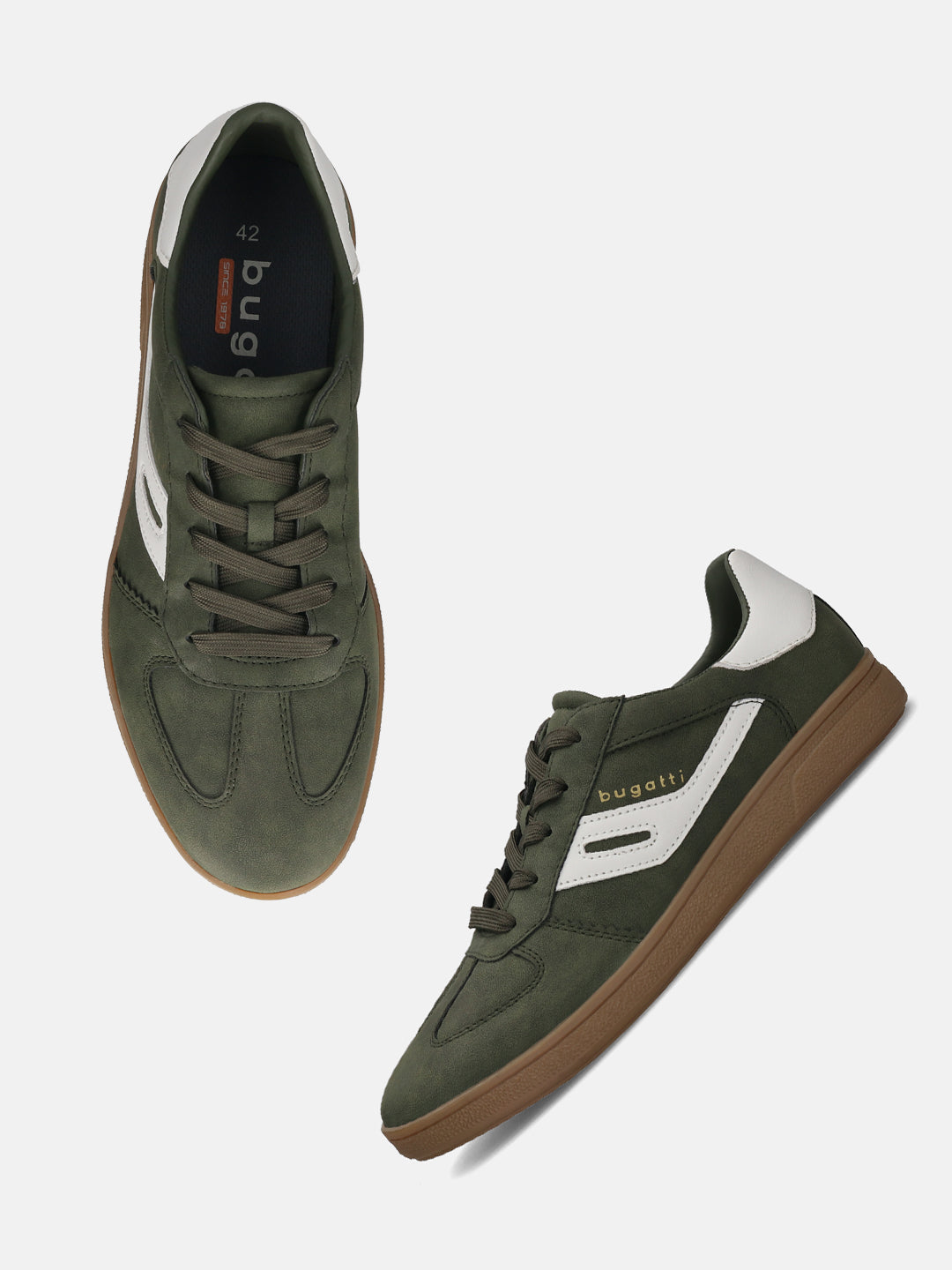 bugatti Carmelo dark green comfort sneakers with white accents and a brown sole.