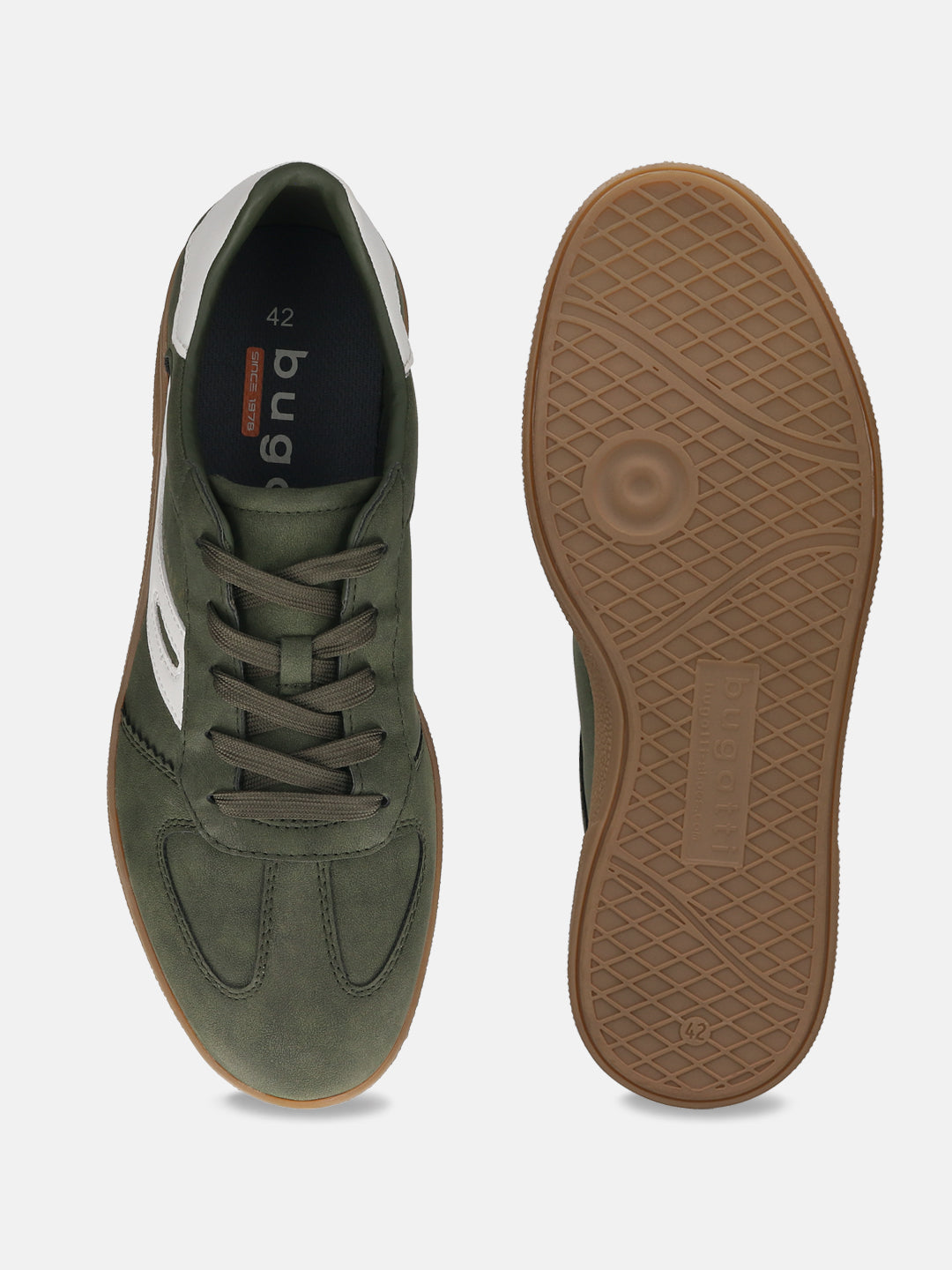 bugatti Carmelo dark green sneakers, showing a suede-like olive upper, white heel accent, and lugged rubber sole.
