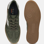 bugatti Carmelo dark green sneakers, showing a suede-like olive upper, white heel accent, and lugged rubber sole.
