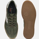 bugatti Carmelo dark green sneakers, showing a suede-like olive upper, white heel accent, and lugged rubber sole.
