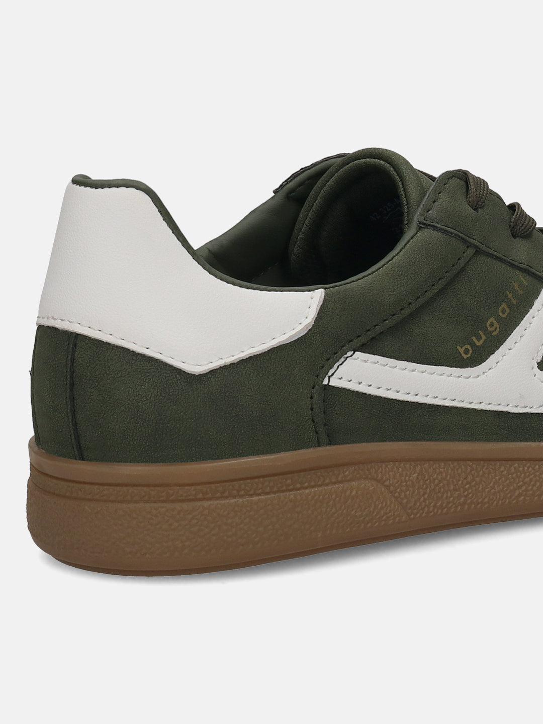 Cropped side view of a bugatti Carmelo Comfort Sneaker in dark green with white accents and a brown sole.