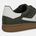 Cropped side view of a bugatti Carmelo Comfort Sneaker in dark green with white accents and a brown sole.