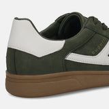 Cropped side view of a bugatti Carmelo Comfort Sneaker in dark green with white accents and a brown sole.