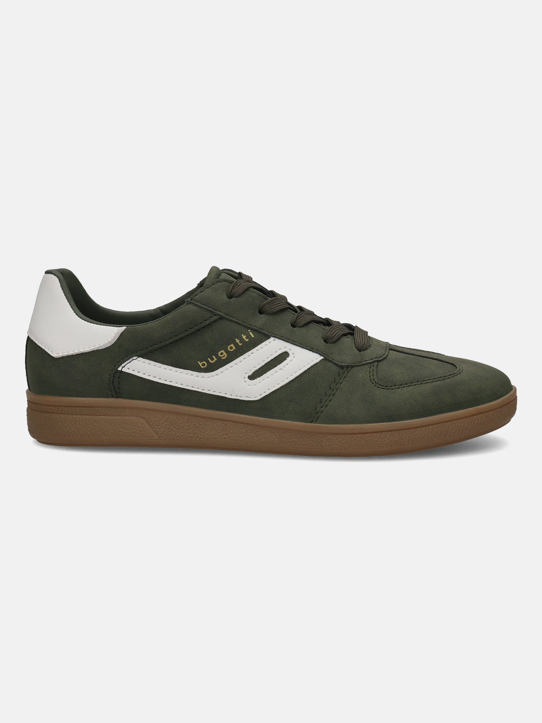 Side view of bugatti Carmelo dark green sneakers, featuring white details and a brown sole.
