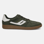 Side view of bugatti Carmelo dark green sneakers, featuring white details and a brown sole.
