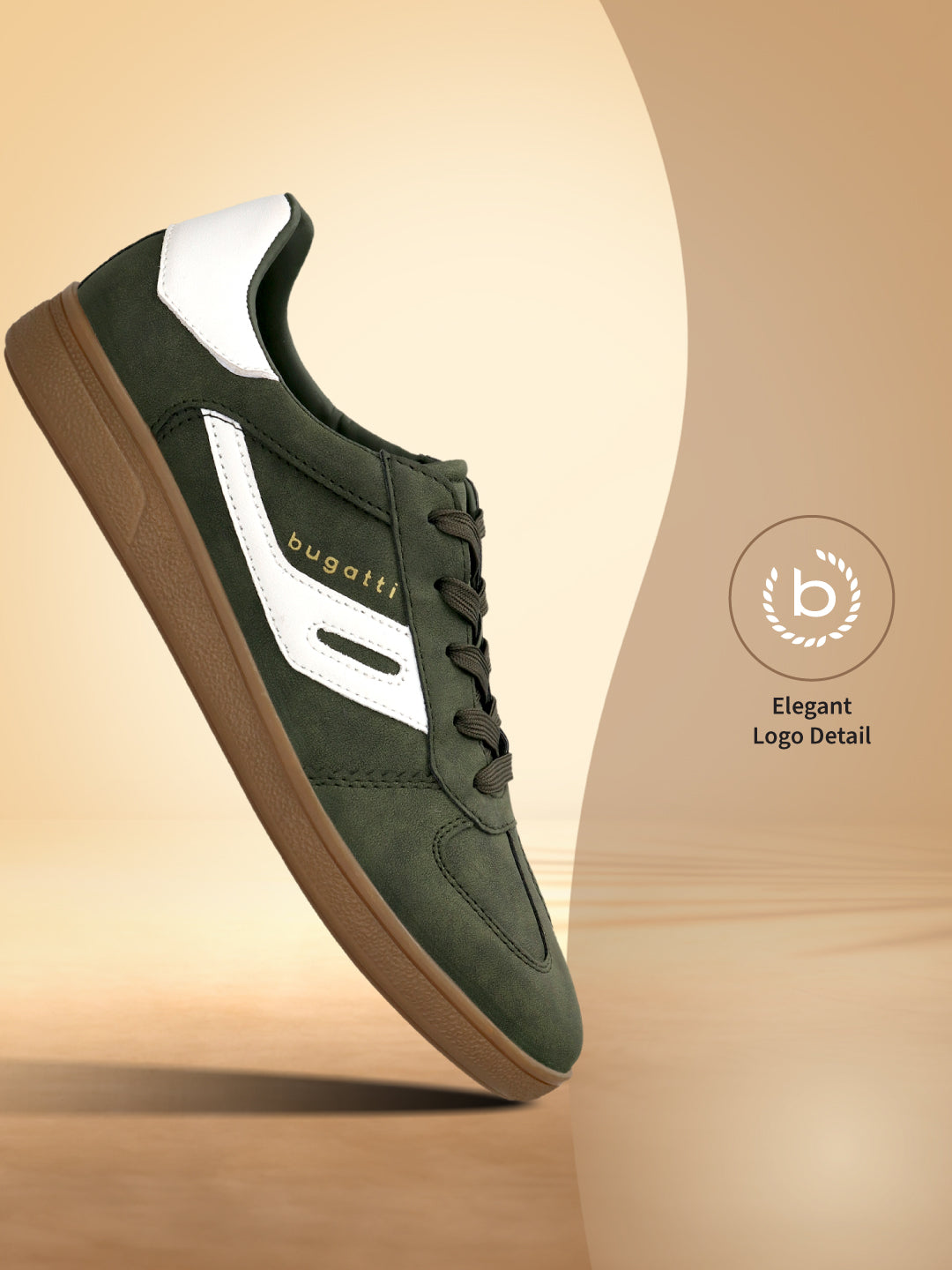 Side view of a dark green bugatti Carmelo Comfort Sneakers with white accents and brown soles.
