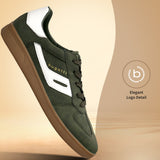 Side view of a dark green bugatti Carmelo Comfort Sneakers with white accents and brown soles.
