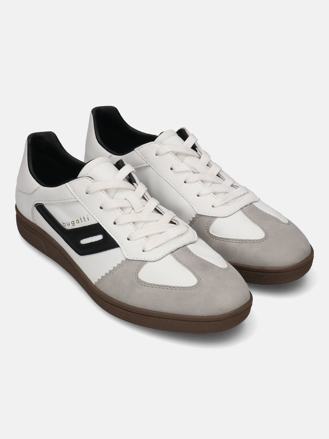 bugatti Carmelo white sneakers with a gray suede toe, black accents, and brown soles.
