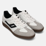 bugatti Carmelo white sneakers with a gray suede toe, black accents, and brown soles.
