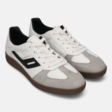 bugatti Carmelo white sneakers with a gray suede toe, black accents, and brown soles.
