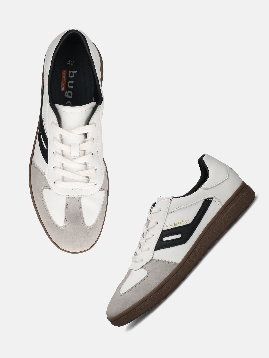 Pair of bugatti Carmelo sneakers in white, with suede and black accents, and brown soles.