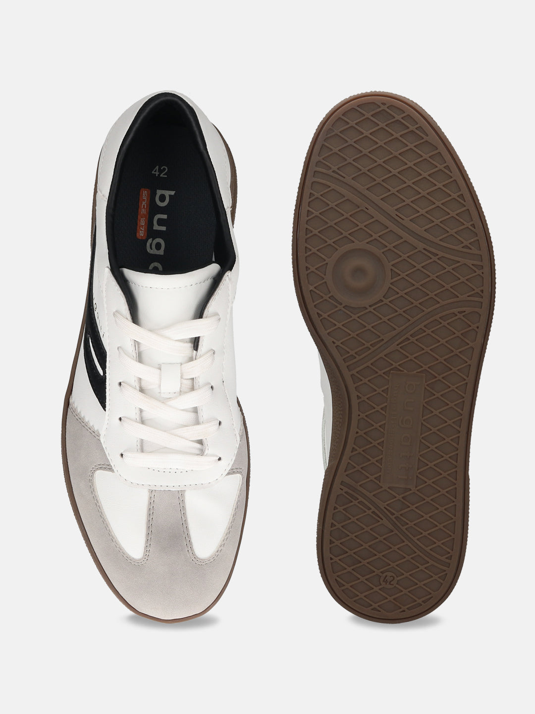 bugatti Carmelo white comfort sneakers with a gray suede toe, black stripe, and brown sole.