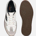 bugatti Carmelo white comfort sneakers with a gray suede toe, black stripe, and brown sole.
