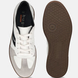 bugatti Carmelo white comfort sneakers with a gray suede toe, black stripe, and brown sole.