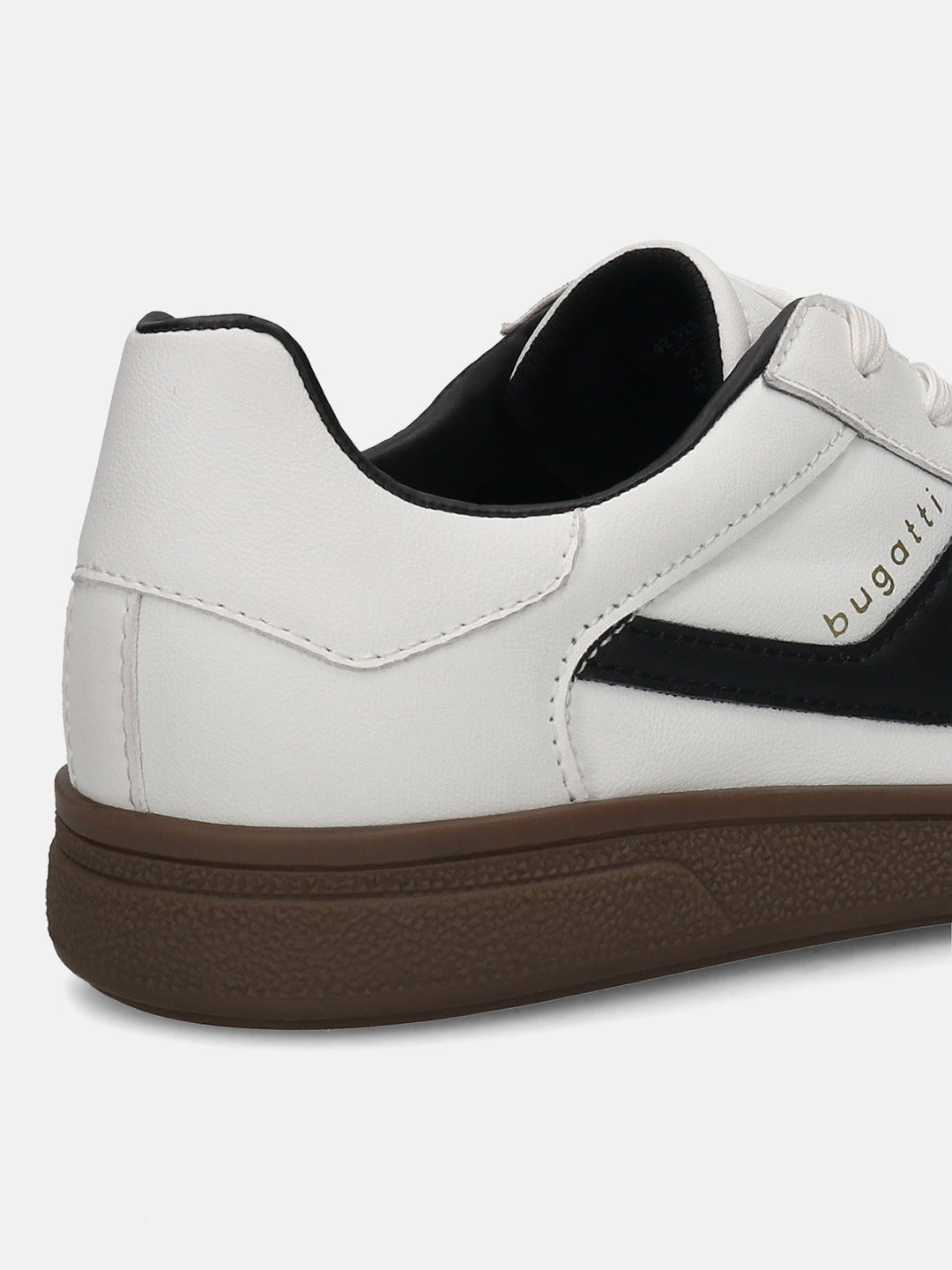 Cropped back view of a white bugatti sneaker with black accents and a dark brown sole.