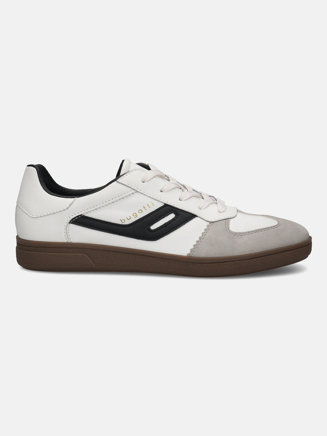 Side view of a bugatti Carmelo white comfort sneaker with a brown rubber sole and gray suede toe.