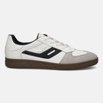 Side view of a bugatti Carmelo white comfort sneaker with a brown rubber sole and gray suede toe.
