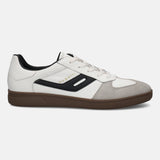 Side view of a bugatti Carmelo white comfort sneaker with a brown rubber sole and gray suede toe.