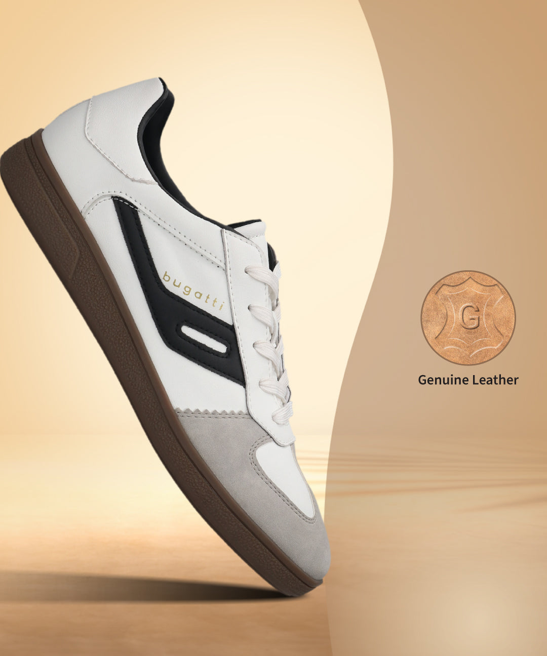 Side view of a white bugatti Carmelo Comfort Sneaker with black accents, grey suede toe, and brown sole.