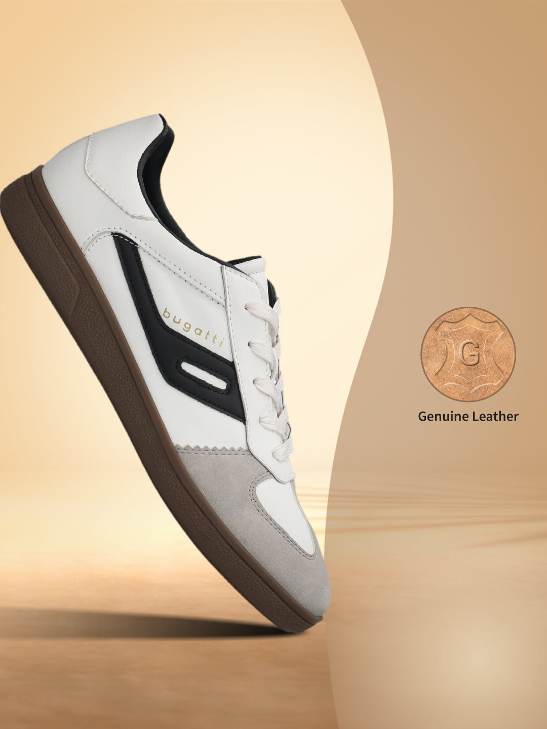 Side view of a white bugatti Carmelo Comfort Sneaker with black accents, grey suede toe, and brown sole.
