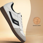 Side view of a white bugatti Carmelo Comfort Sneaker with black accents, grey suede toe, and brown sole.