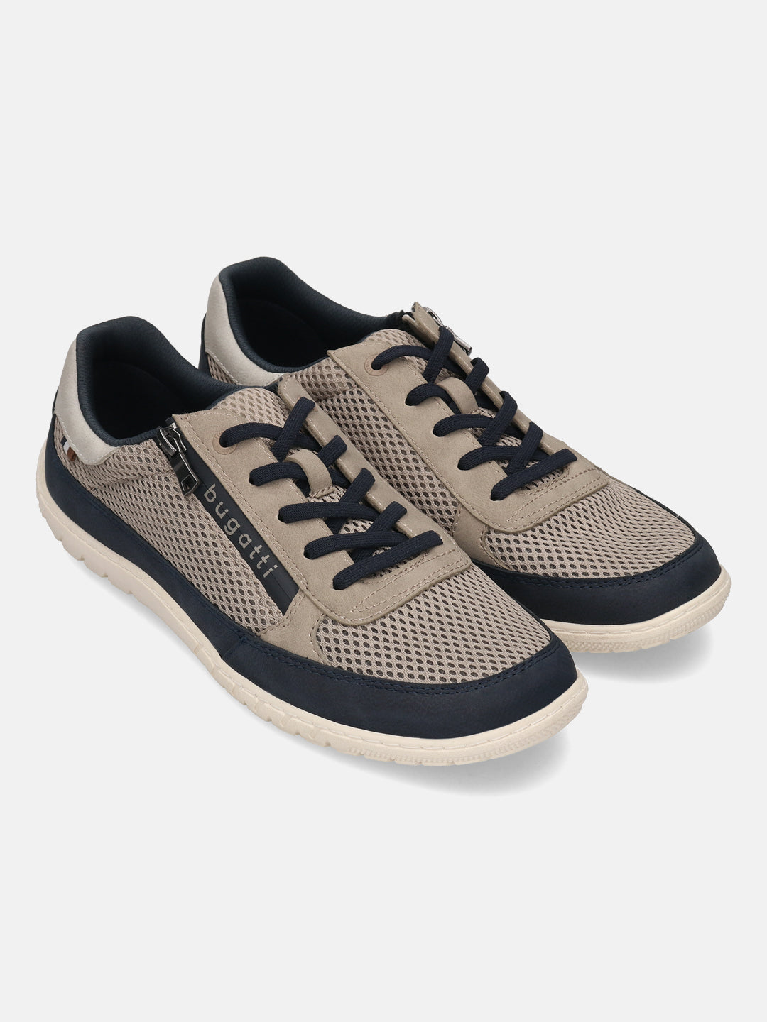 bugatti Bermudas taupe comfort sneakers with dark blue accents, mesh texture, and a lace-up design.