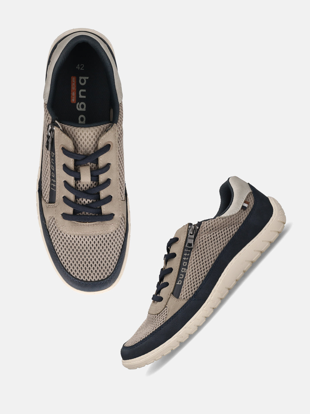 bugatti taupe comfort sneakers with navy blue accents, featuring a mesh upper and side zipper detail.
