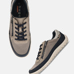 bugatti taupe comfort sneakers with navy blue accents, featuring a mesh upper and side zipper detail.
