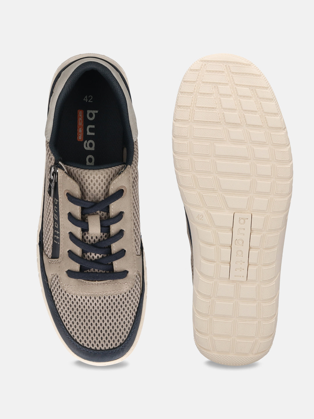 bugatti Bermudas taupe comfort sneakers, visible textured sole, with navy laces and trim.
