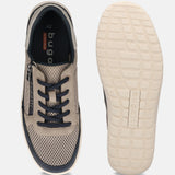 bugatti Bermudas taupe comfort sneakers, visible textured sole, with navy laces and trim.
