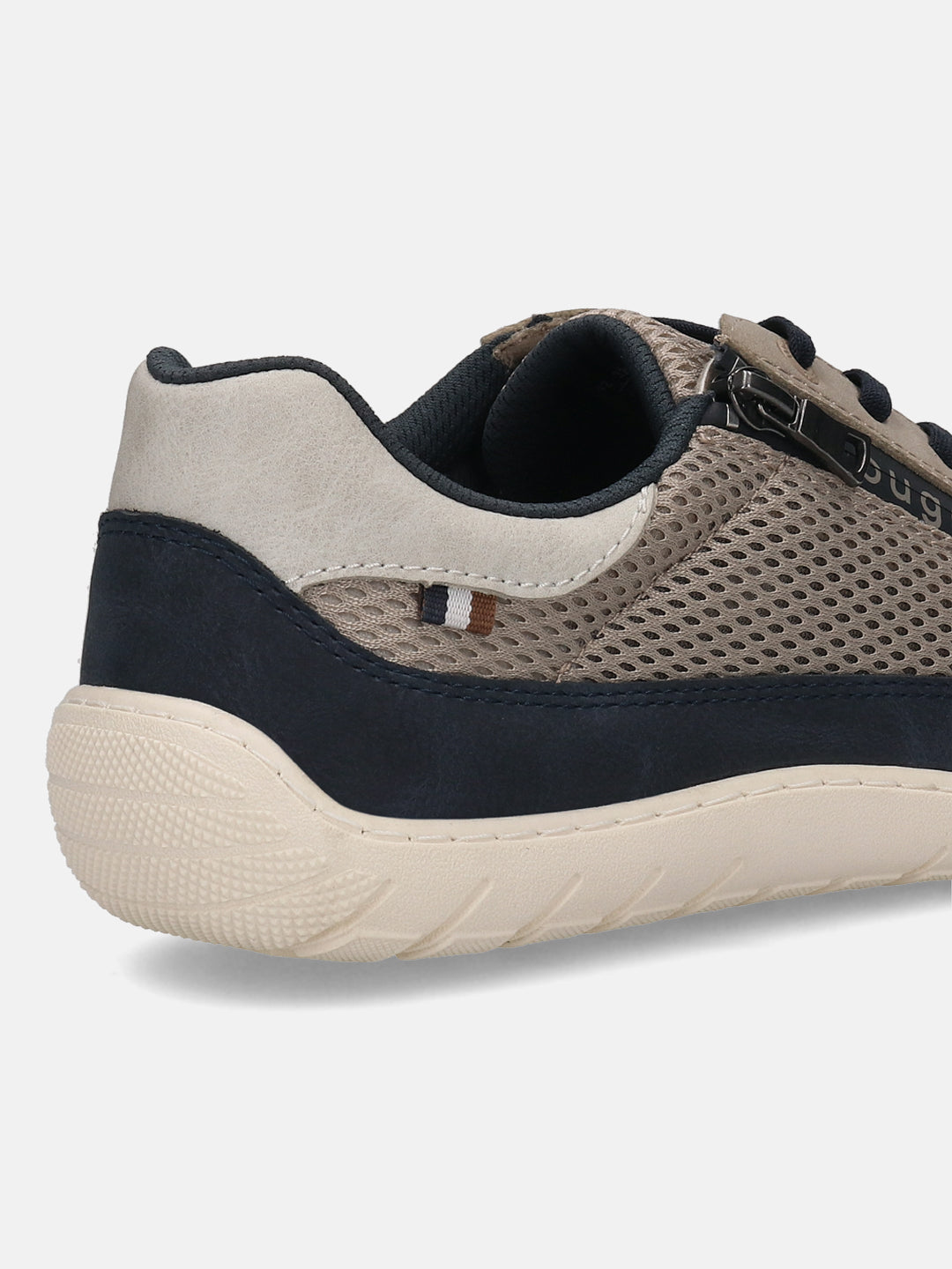 Cropped back view of a bugatti taupe comfort sneaker with a beige sole, navy trim, and beige mesh accents.
