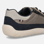 Cropped back view of a bugatti taupe comfort sneaker with a beige sole, navy trim, and beige mesh accents.
