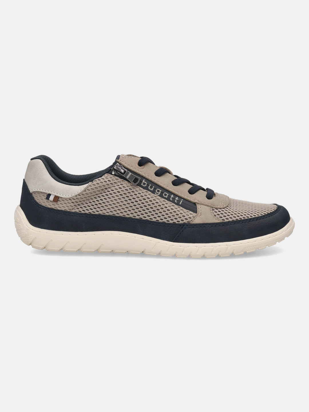 Side view of a bugatti Bermudas taupe Comfort sneaker featuring a mesh upper, zipper detail, and dark blue trim.
